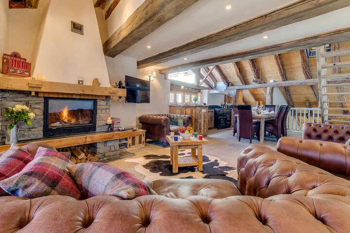 Large family living area with log fire